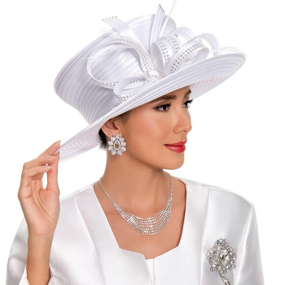 2682 Women\'s Church Hat For Baptism Wedding Wide Brim Rhinestone Fascinator
